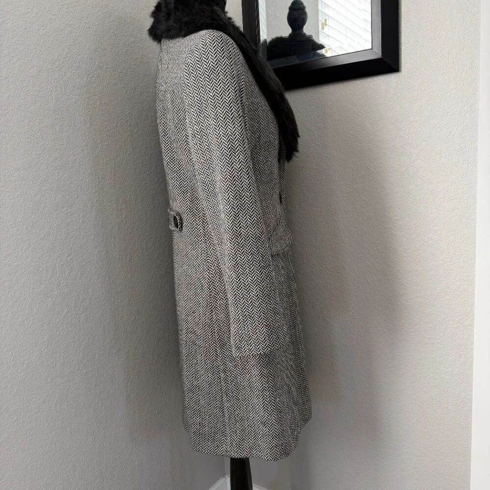 Vintage Y2K George Herringbone Faux Fur Collar Dress Coat Black Ivory Small